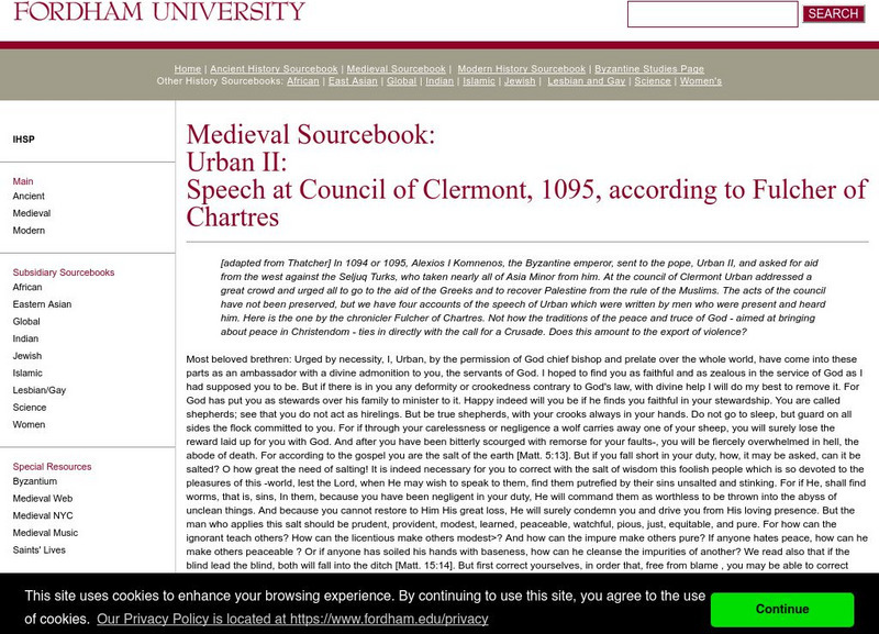 Fordham University: Medieval Sourcebook: Urban's Speech at Council of Clermont Primary Fordham University: Medieval Sourcebook: Urban's Speech at Council of Clermont Primary
