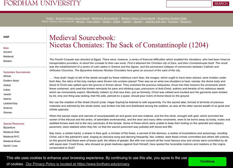 Fordham University: Medieval Sourcebook: The Sack of Constantinople Handout Fordham University: Medieval Sourcebook: The Sack of Constantinople Handout