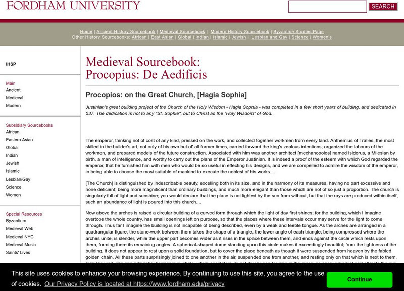 Fordham University: Medieval Sourcebook: Procopius: On the Great Church Hagia Sophia Handout Fordham University: Medieval Sourcebook: Procopius: On the Great Church Hagia Sophia Handout