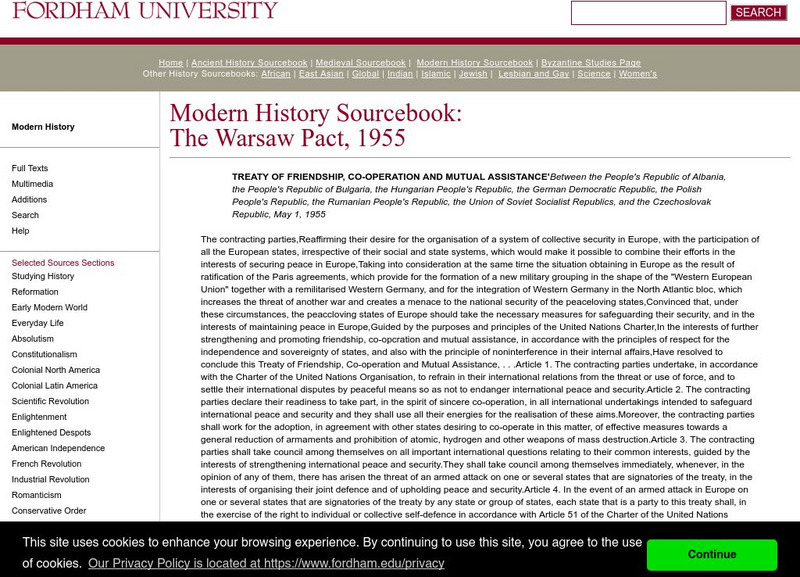 Fordham University: Modern History Sourcebook: The Warsaw Pact, 1955 Primary Fordham University: Modern History Sourcebook: The Warsaw Pact, 1955 Primary