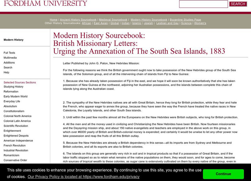Fordham University: Modern History Sourcebook: British Missionary Letters Handout Fordham University: Modern History Sourcebook: British Missionary Letters Handout