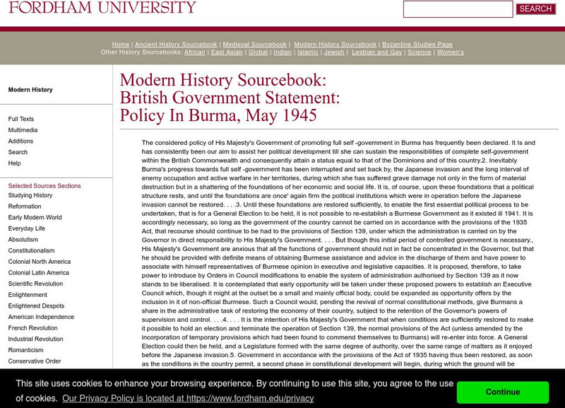 Fordham University: Modern History Sourcebook: Policy in Burma 1945 Primary Fordham University: Modern History Sourcebook: Policy in Burma 1945 Primary