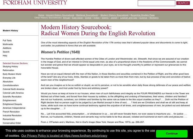 Fordham University: Modern History Sourcebook: Radical Women During English Revolution Handout Fordham University: Modern History Sourcebook: Radical Women During English Revolution Handout