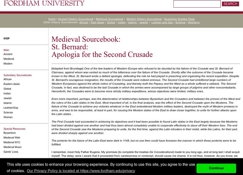 Fordham University: Medieval Sourcebook: St. Bernard Handout Fordham University: Medieval Sourcebook: St. Bernard Handout
