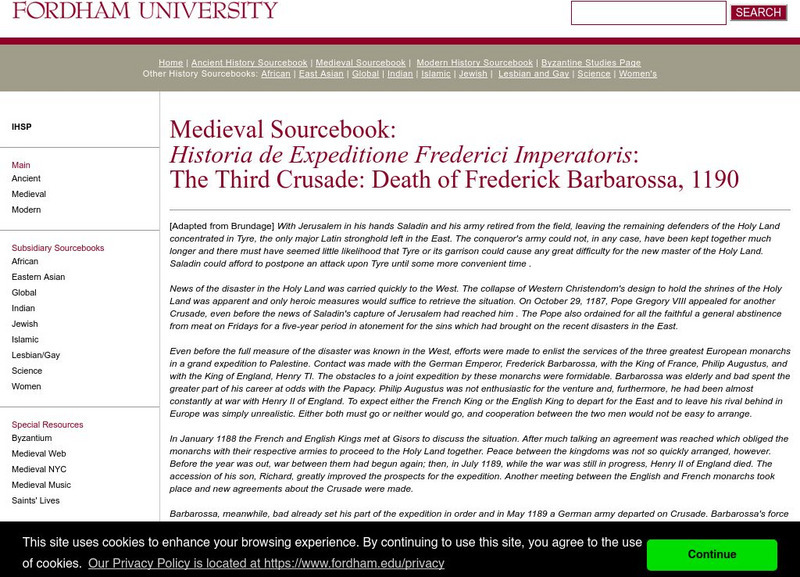 Fordham University: Medieval Sourcebook: Death of Frederick Barbarossa Handout Fordham University: Medieval Sourcebook: Death of Frederick Barbarossa Handout