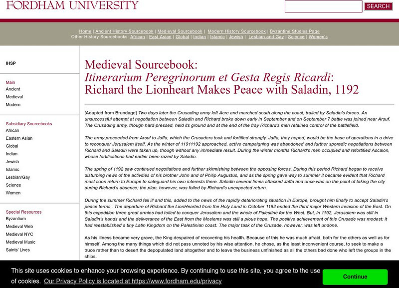 Fordham University: Medieval Sourcebook: Richard the Lionheart Makes Peace Handout Fordham University: Medieval Sourcebook: Richard the Lionheart Makes Peace Handout