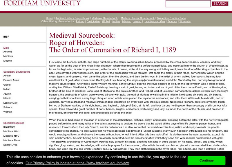 Fordham University: Medieval Sourcebook: The Order of Coronation of Richard I Handout Fordham University: Medieval Sourcebook: The Order of Coronation of Richard I Handout