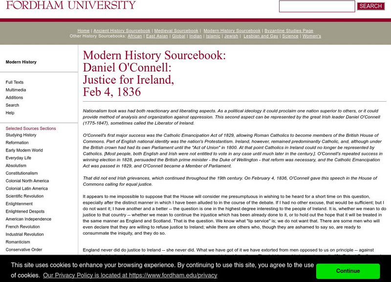 Fordham University: Modern History Sourcebook: Daniel O'connell Handout Fordham University: Modern History Sourcebook: Daniel O'connell Handout