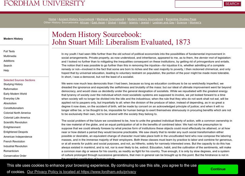 Fordham University: Modern History Sourcebook: Liberalism Evaluated (1873) Handout Fordham University: Modern History Sourcebook: Liberalism Evaluated (1873) Handout