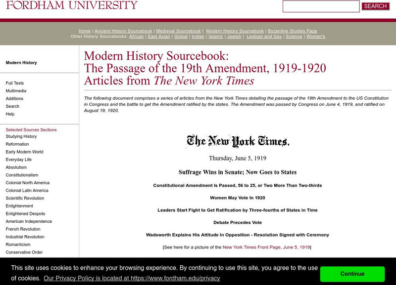 Fordham University: Modern History Sourcebook: Passage of the 19th Amendment Primary Fordham University: Modern History Sourcebook: Passage of the 19th Amendment Primary