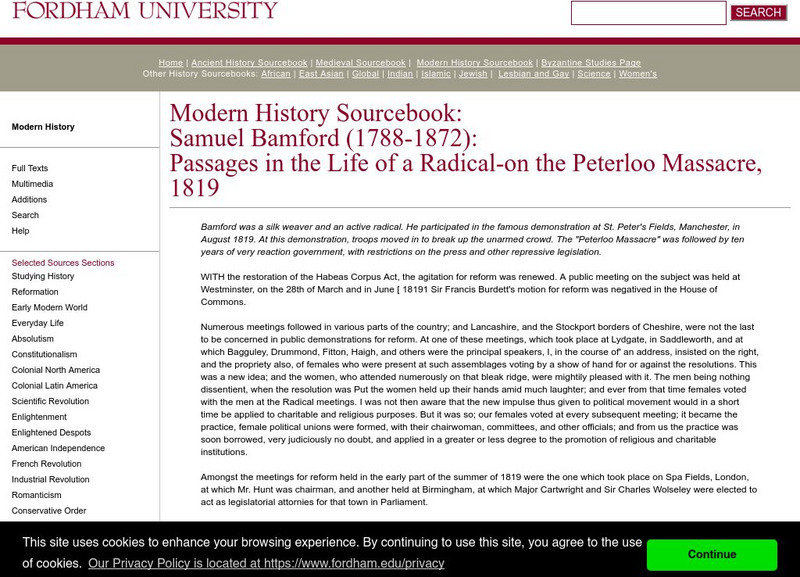 Fordham University: Modern History Sourcebook: Peterloo Massacre Handout Fordham University: Modern History Sourcebook: Peterloo Massacre Handout