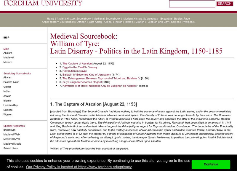 Fordham University: Medieval Sourcebook: William of Tyre: Latin Disarray Website Fordham University: Medieval Sourcebook: William of Tyre: Latin Disarray Website