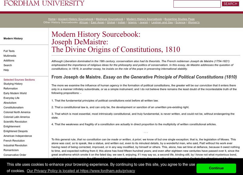 Fordham University: Modern History Sourcebook: Joseph De Maistre Handout Fordham University: Modern History Sourcebook: Joseph De Maistre Handout