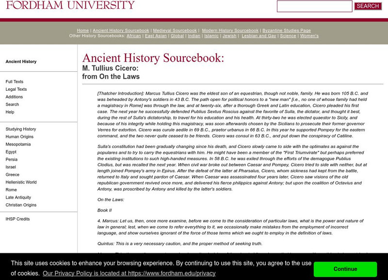Fordham University: Ancient History Sourcebook: Cicero, From on the Laws Handout Fordham University: Ancient History Sourcebook: Cicero, From on the Laws Handout