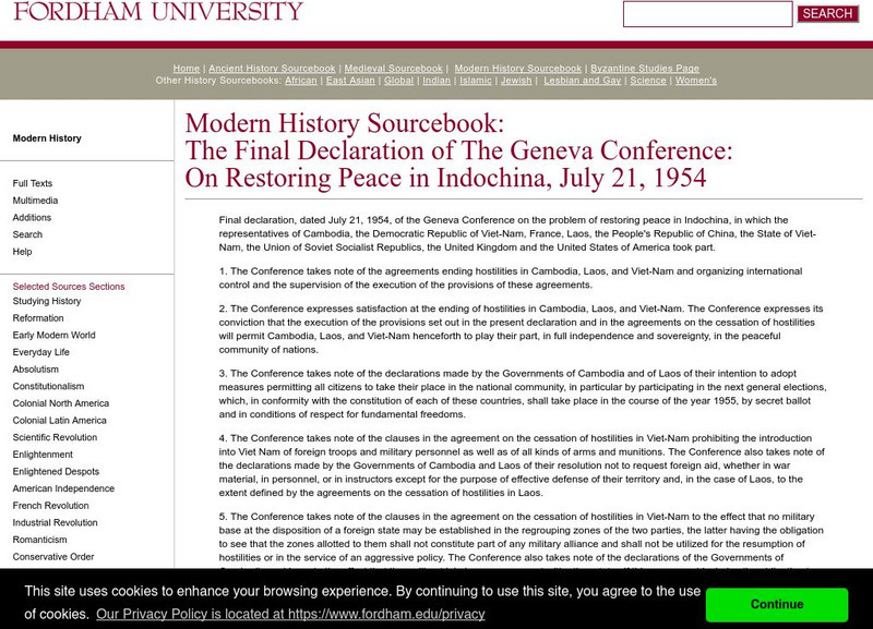 Fordham University: Modern History Sourcebook: Final Declaration of the Geneva Conference Primary Fordham University: Modern History Sourcebook: Final Declaration of the Geneva Conference Primary