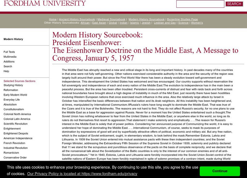 Fordham University: Modern History Sourcebook: Eisenhower Doctrine on the Middle East Primary