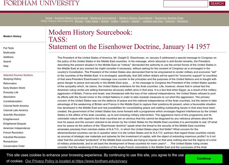 Fordham University: Modern History Sourcebook: Statement on the Eisenhower Doctrine Article Fordham University: Modern History Sourcebook: Statement on the Eisenhower Doctrine Article