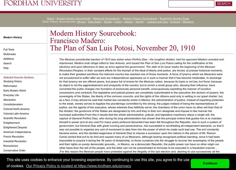 Fordham University: Modern History Sourcebook: Madero's 1910 Address to the Mexican People Handout Fordham University: Modern History Sourcebook: Madero's 1910 Address to the Mexican People Handout