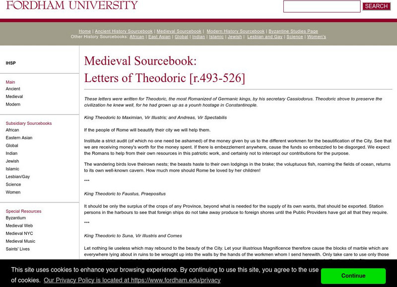 Fordham University: Medieval Sourcebook: Letters of Theodoric Primary Fordham University: Medieval Sourcebook: Letters of Theodoric Primary