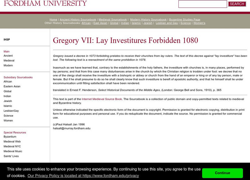 Fordham University: Medieval Sourcebook: Lay Investitures Forbidden Primary Fordham University: Medieval Sourcebook: Lay Investitures Forbidden Primary
