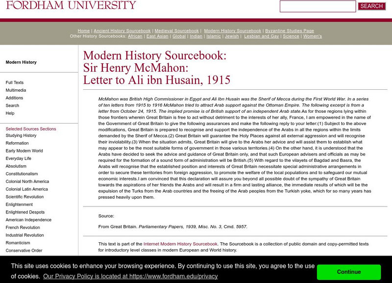 Fordham University: Modern History Sourcebook: Letter to Ali Ibn Husain, 1915 Primary Fordham University: Modern History Sourcebook: Letter to Ali Ibn Husain, 1915 Primary