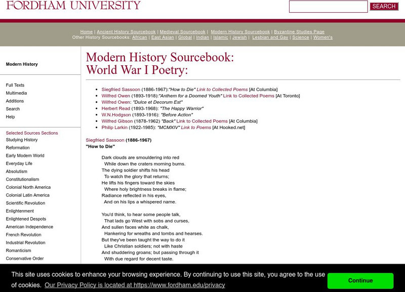 Fordham University: Modern History Sourcebook: World War I English Poetry eBook Fordham University: Modern History Sourcebook: World War I English Poetry eBook