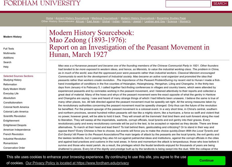 Fordham University: Modern History Sourcebook: Report on the Peasant Movement in Hunan Website Fordham University: Modern History Sourcebook: Report on the Peasant Movement in Hunan Website