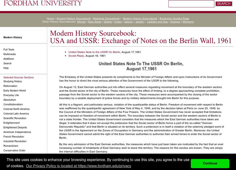 Fordham University: Modern History Sourcebook: Notes on the Berlin Wall, 1961 Article Fordham University: Modern History Sourcebook: Notes on the Berlin Wall, 1961 Article