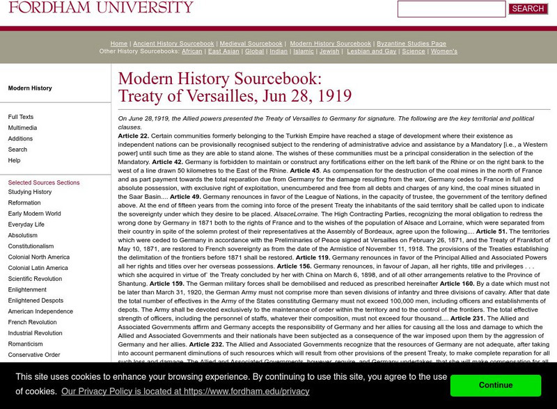 Fordham University: Modern History Sourcebook: Treaty of Versailles Primary Fordham University: Modern History Sourcebook: Treaty of Versailles Primary