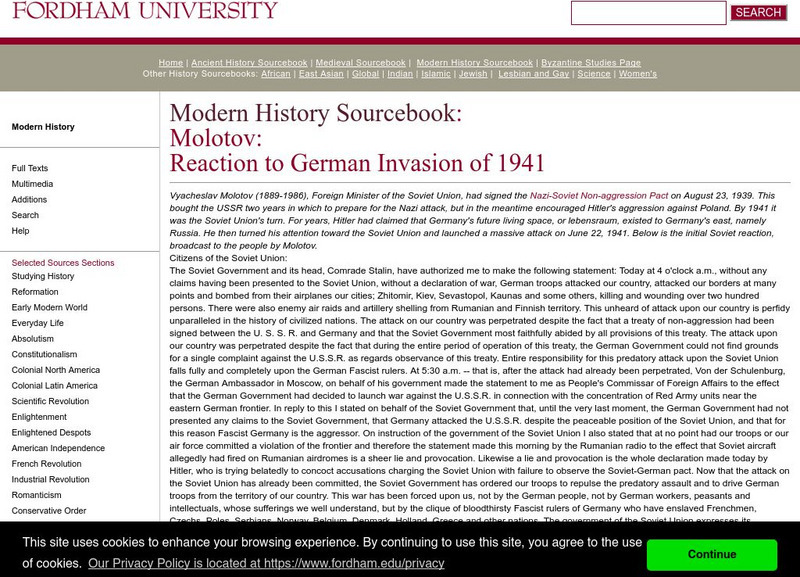 Fordham University: Modern History Sourcebook: German Invasion of 1941 Handout Fordham University: Modern History Sourcebook: German Invasion of 1941 Handout