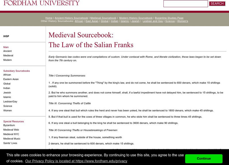 Fordham University: Medieval Sourcebook: Law of the Salian Franks Primary