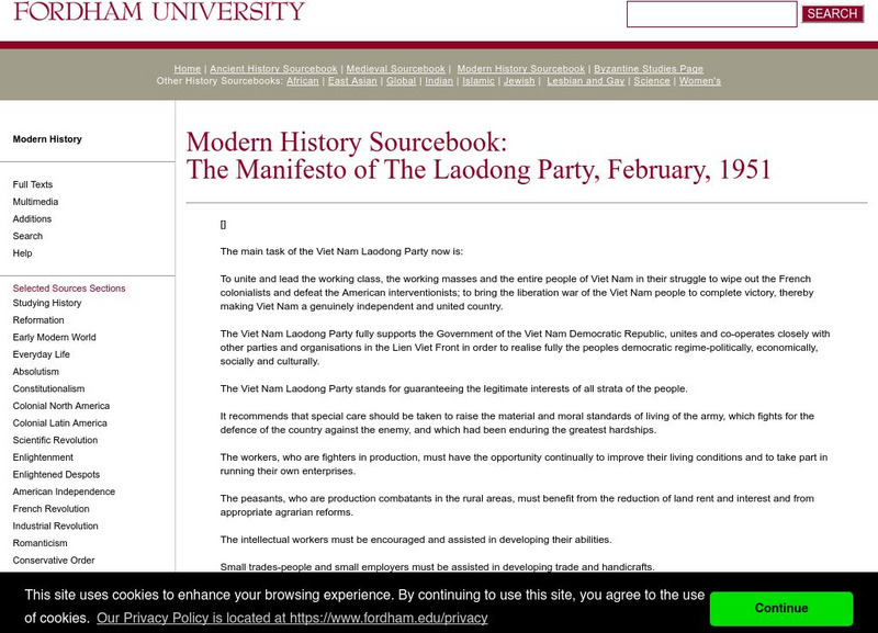Fordham University: Modern History Sourcebook: The Manifesto of the Laodong Party Primary