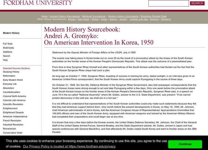 Fordham University: Modern History Sourcebook: On American Intervention in Korea, 1950 Primary Fordham University: Modern History Sourcebook: On American Intervention in Korea, 1950 Primary