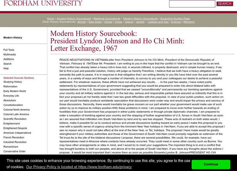 Fordham University: Modern History Sourcebook: Lbj and Ho Chi Minh Letters Primary Fordham University: Modern History Sourcebook: Lbj and Ho Chi Minh Letters Primary