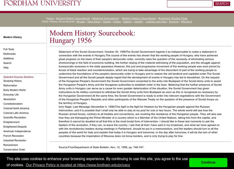 Fordham University: Modern History Sourcebook: Hungary 1956 Statement From Soviets Handout