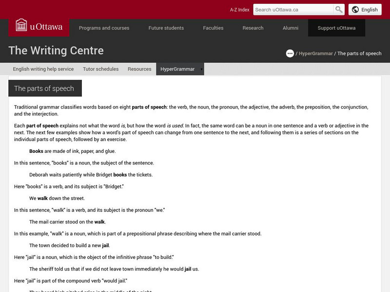University of Ottawa, Canada: The Parts of Speech Handout University of Ottawa, Canada: The Parts of Speech Handout