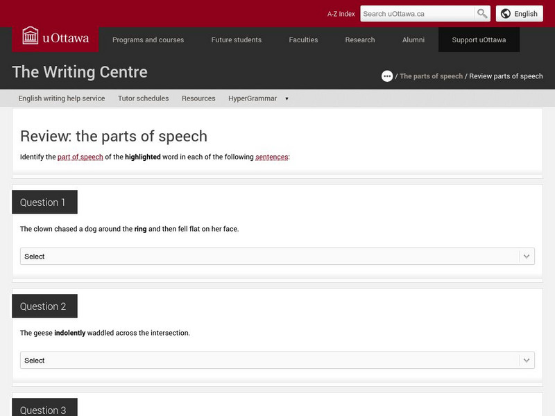Univeristy of Ottawa: Parts of Speech Review Exercise Unknown Type Univeristy of Ottawa: Parts of Speech Review Exercise Unknown Type