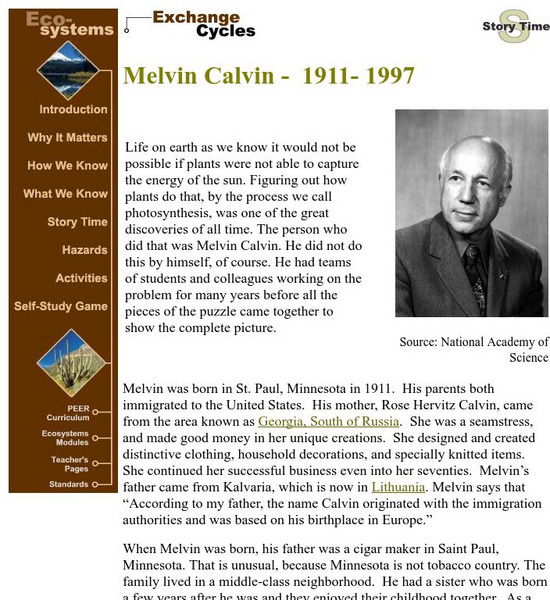 Peer Curricula: Story Time: Melvin Calvin Handout Peer Curricula: Story Time: Melvin Calvin Handout