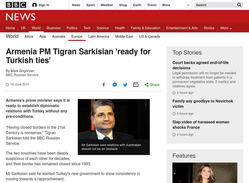 Bbc: Armenia Pm Tigran Sarkisian 'Ready for Turkish Ties' Article Bbc: Armenia Pm Tigran Sarkisian 'Ready for Turkish Ties' Article