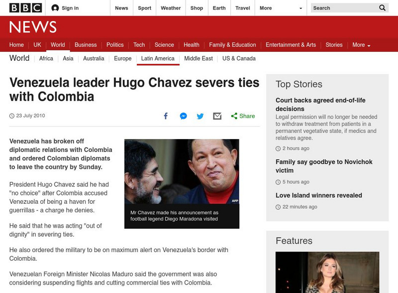 Bbc: Venezuela Leader Hugo Chavez Severs Ties With Colombia Website Bbc: Venezuela Leader Hugo Chavez Severs Ties With Colombia Website