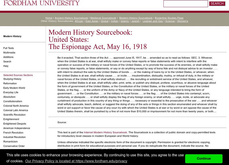 Fordham University: Modern History Sourcebook: United States: The Espionage Act, 1918 Primary Fordham University: Modern History Sourcebook: United States: The Espionage Act, 1918 Primary