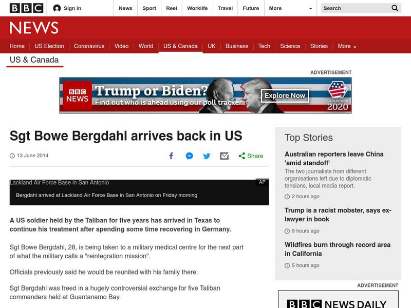 Bbc: Week of 6 19 14: Sgt. Bowe Bergdahl Arrives Back in Us Article Bbc: Week of 6 19 14: Sgt. Bowe Bergdahl Arrives Back in Us Article