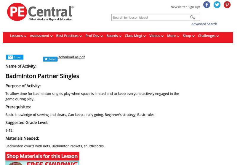 Pe Central: Pe Lesson Ideas: Badminton Partner Singles Lesson Plan Pe Central: Pe Lesson Ideas: Badminton Partner Singles Lesson Plan