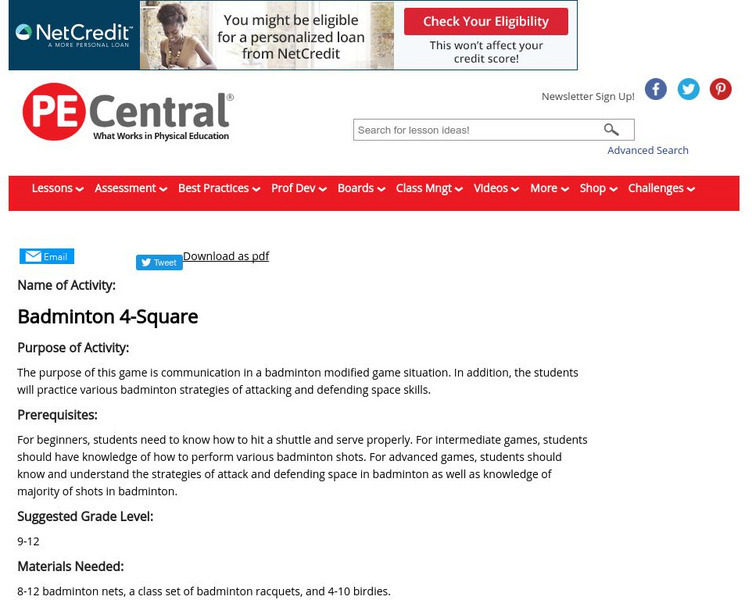 Pe Central: Pe Lesson Ideas: Badminton 4 Square Lesson Plan Pe Central: Pe Lesson Ideas: Badminton 4 Square Lesson Plan