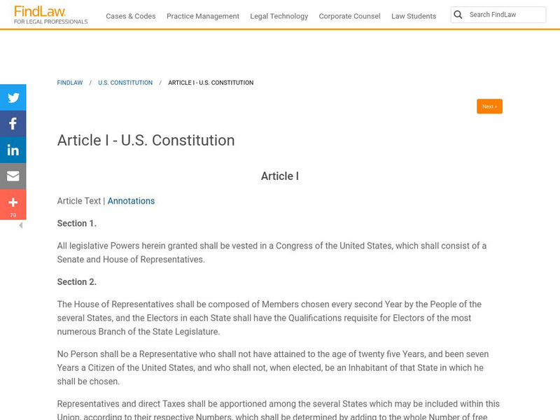 Find Law: u.s. Constitution: Article I Primary Find Law: u.s. Constitution: Article I Primary