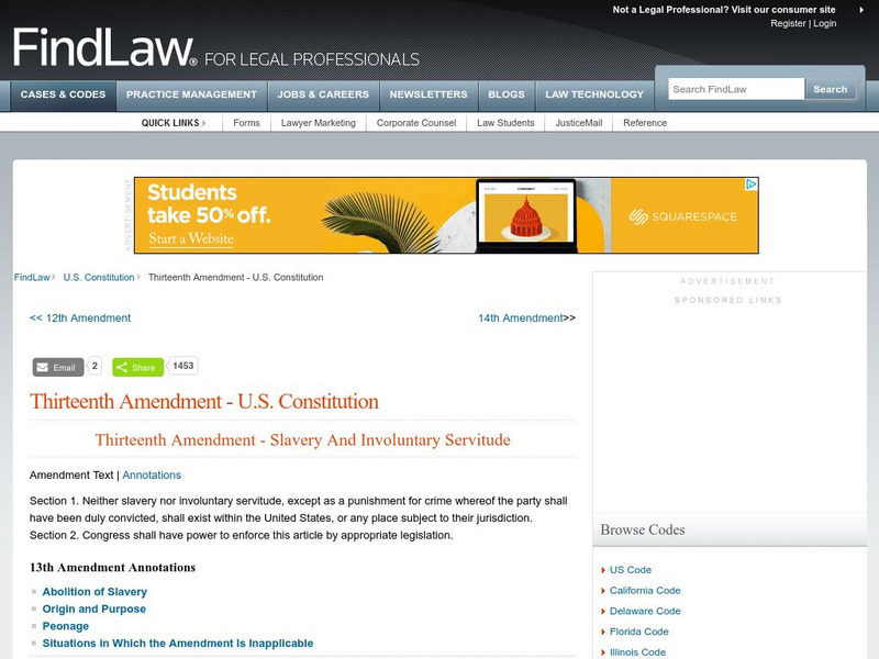 Find Law: u.s. Constitution: Thirteenth Amendment Primary Find Law: u.s. Constitution: Thirteenth Amendment Primary