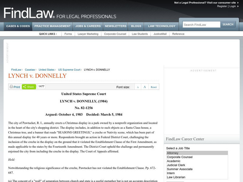 Find Law: u.s. Supreme Court: Lynch v. Donnelly (1984) Handout Find Law: u.s. Supreme Court: Lynch v. Donnelly (1984) Handout