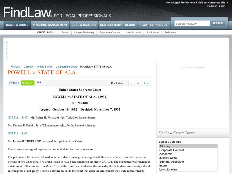 Find Law: u.s. Supreme Court: Powell v. Alabama (1932) Primary Find Law: u.s. Supreme Court: Powell v. Alabama (1932) Primary