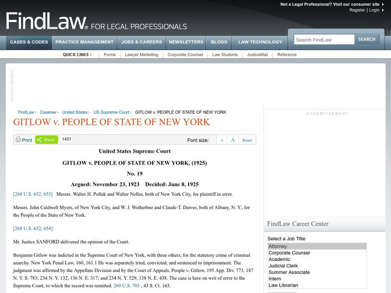 Find Law: u.s. Supreme Court: Gitlow v. New York (1925) Primary Find Law: u.s. Supreme Court: Gitlow v. New York (1925) Primary