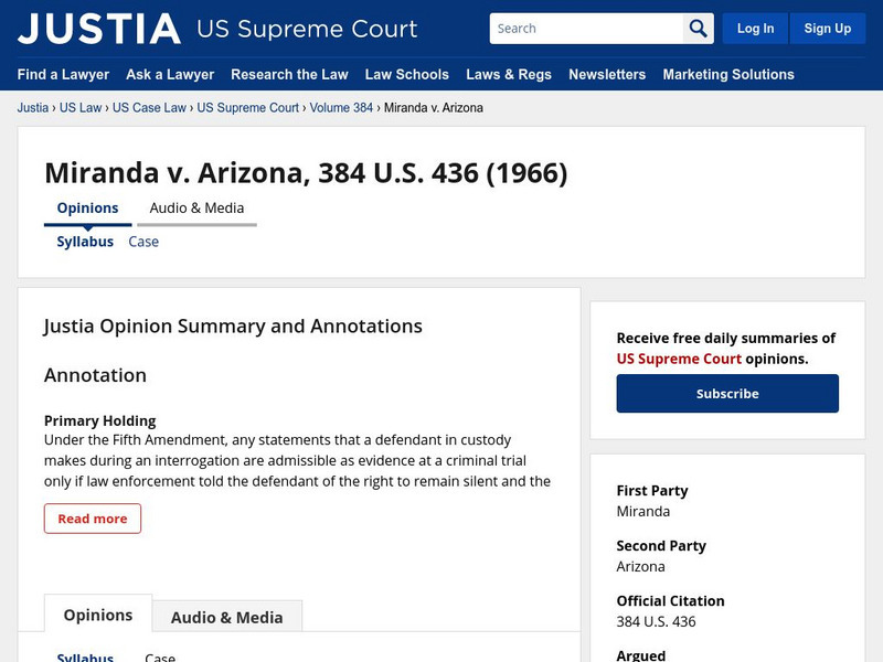 U.s. Supreme Court: Miranda v. Arizona, 384 u.s. 436 (1966) Primary U.s. Supreme Court: Miranda v. Arizona, 384 u.s. 436 (1966) Primary